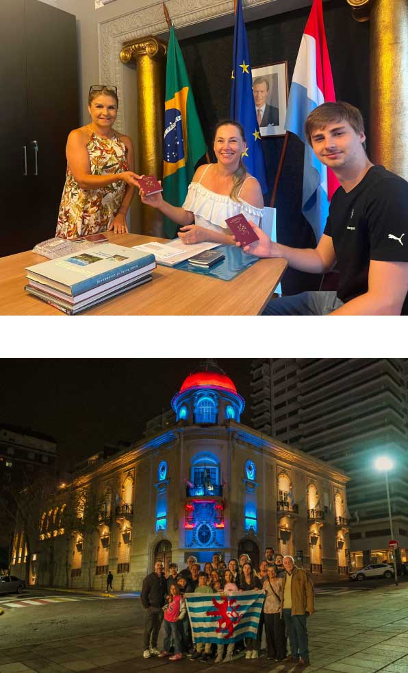 Photo grid with People holding Luxembourg passports and a group of Argentians in front of a Luxembourg landmark