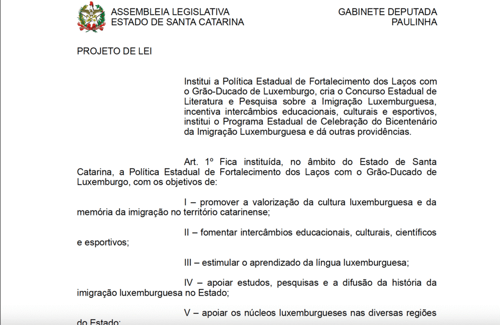 , Law Proposed in the State of Santa Catarina, Brazil, to Strengthen Ties with Luxembourg, luxcitizenship.com