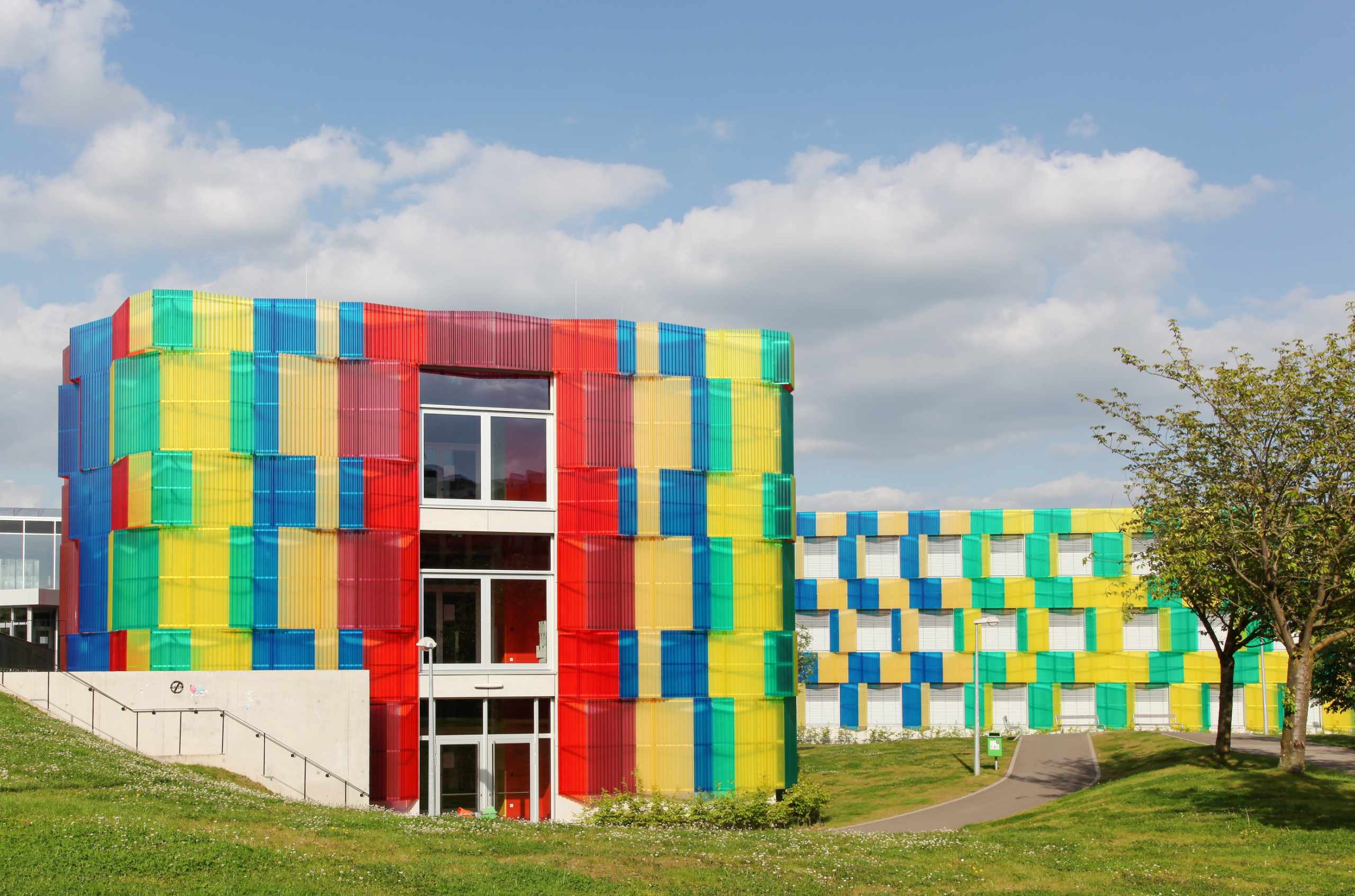 Brighly colored, modern school building Athenee de Luxembourg