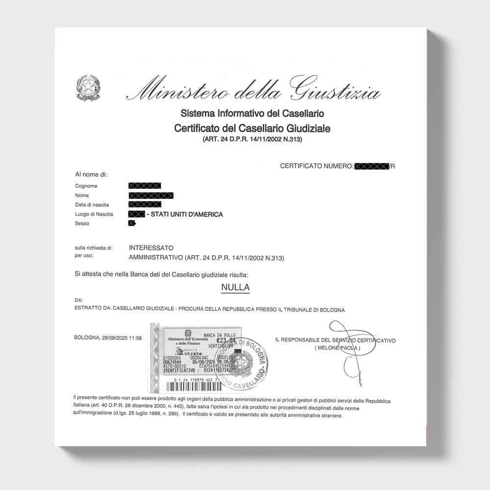 Italian background check completion certificate