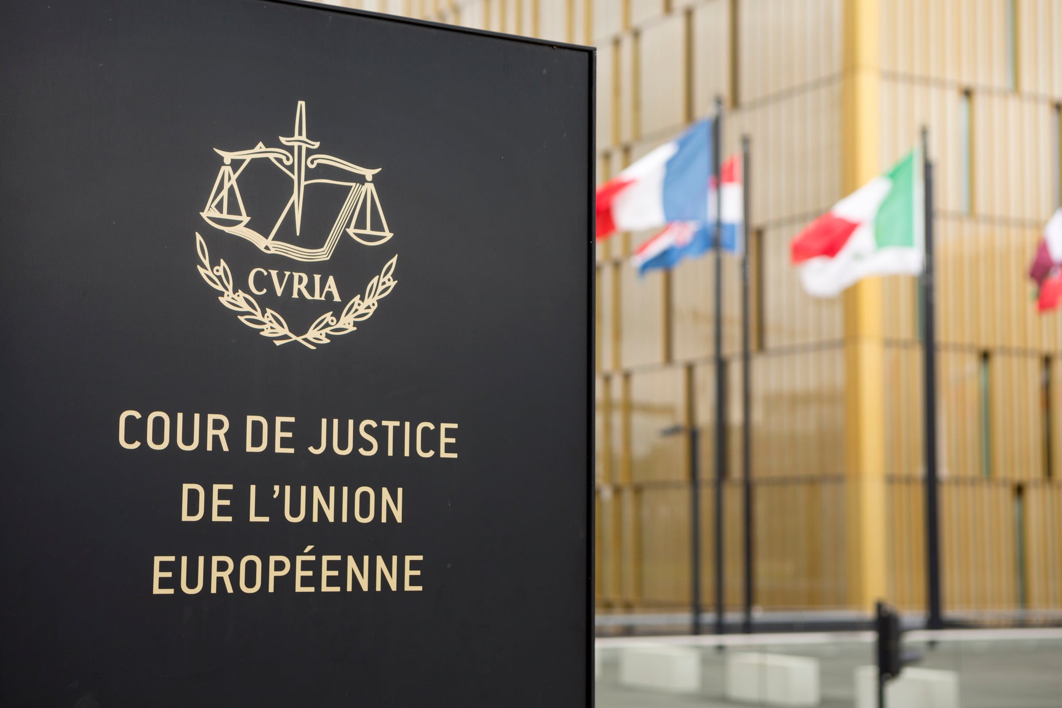 Sign for the Cour de Justice de l'Union Européenne with EU member state flags behind it