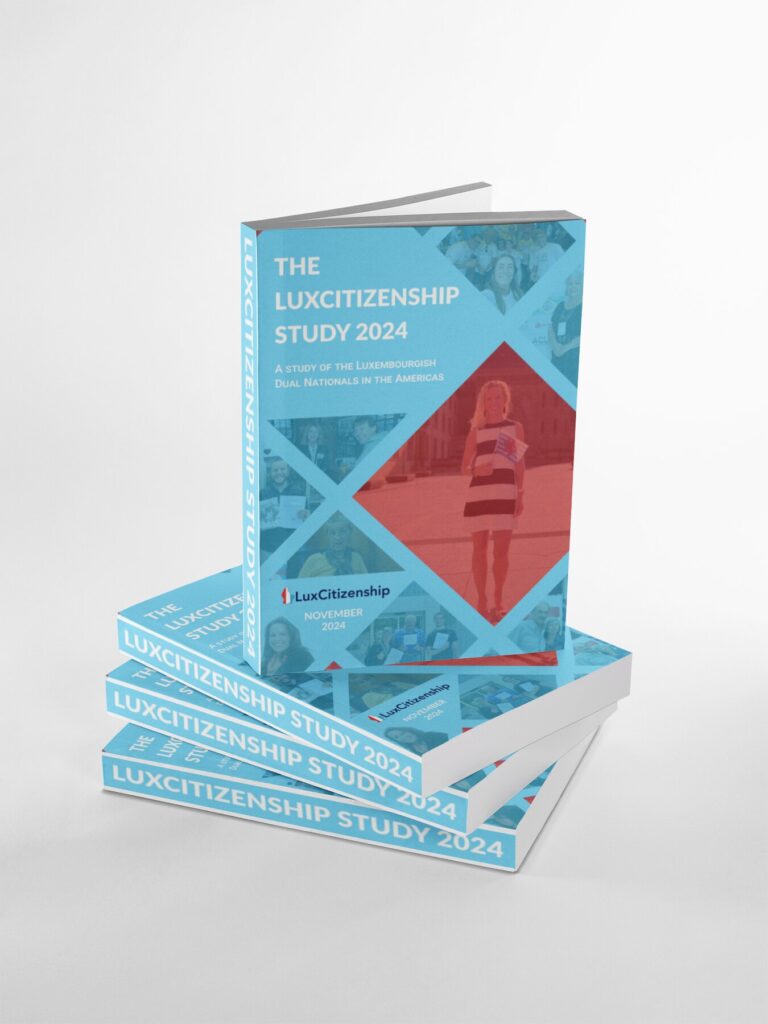 The LuxCitizenship Study 2024, shown as a printed book standing on three books